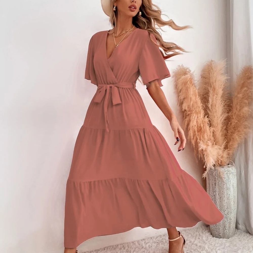 Boho Surplice Butterfly Sleeve Ruffle Maxi Dress - Picture 9 of 11